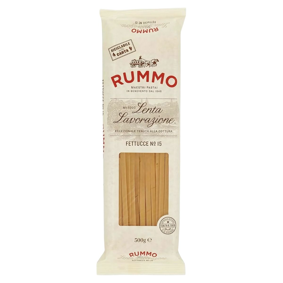 Rummo - fettucce Pasta No.15, 500g, is crafted from high-quality durum wheat semolina. The packaging is white with red and black text and includes a clear window to display the pasta for an ideal al dente experience.