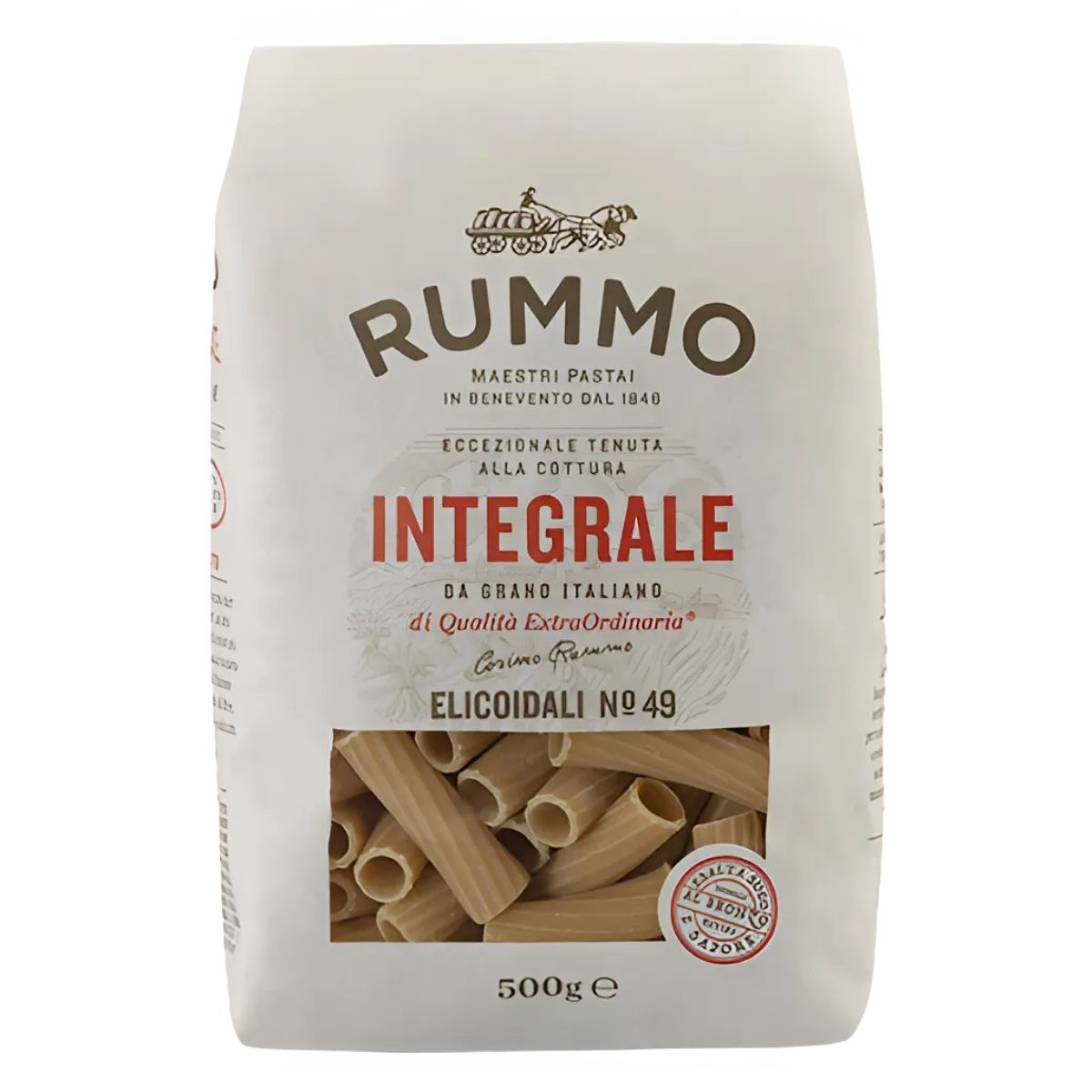 A 500g package of Rummo - Wholewheat Elicoidali Pasta No.49 is displayed, featuring the brand's logo and Italian text on the packaging.