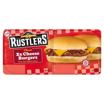 Rustlers Classic 2x Cheese Burger With Tomato Sauce (222g) by Rustlers features two cheeseburgers with premium cheese and tomato sauce, shown in packaging on a red, checkered background.