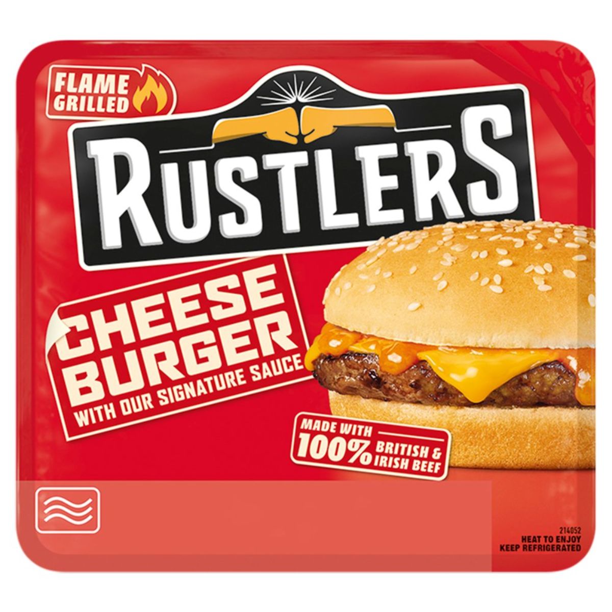 Packaging for Rustlers - Flame Grilled Cheese Burger - 132g featuring a close-up image of the burger on a red background with logos and text.