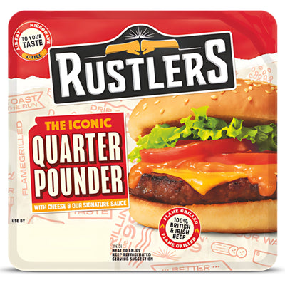 Rustlers - The Classic Quarter Pounder with Cheese & Our Signature Sauce - 190g features a tasty beef burger, cheese, lettuce, and sauce in a bun. Packaging promotes "The Iconic Quarter Pounder" and "100% British & Irish Beef.