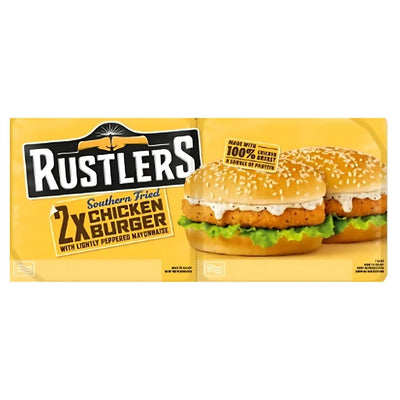 Packaging of Rustlers - 2 Southern Fried Chicken Burger with Mayonnaise - 254g, showing two sesame seed buns with crispy chicken, lettuce, and mayonnaise on a yellow background.