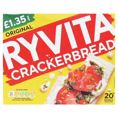 A 125g box of Ryvita Crackerbread Original by Ryvita, each crispy slice just 20 calories, topped with cream, tomato, and herbs; price label shows £1.35.