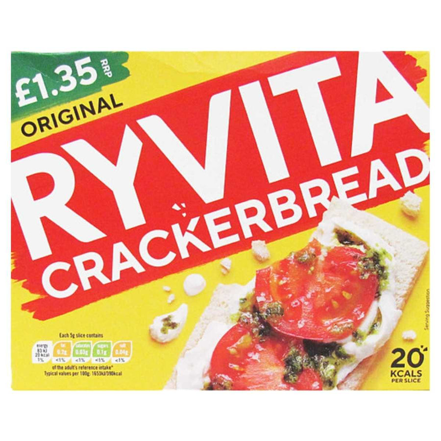 A 125g box of Ryvita Crackerbread Original by Ryvita, each crispy slice just 20 calories, topped with cream, tomato, and herbs; price label shows £1.35.