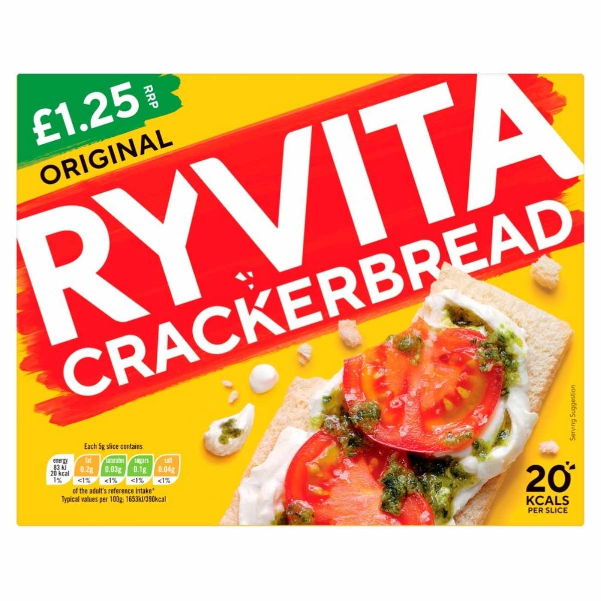 The packaging of the Ryvita - Crackerbread Original - 125g features an image of a crispy crackerbread slice garnished with cream cheese, tomato, and herbs. Made from wholegrain rye, each slice contains 20 calories and has a recommended retail price of £1.25.