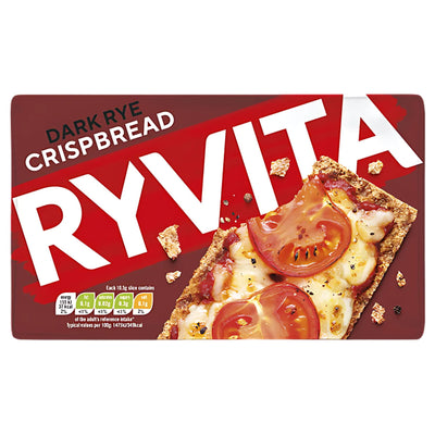 Ryvita Crispbread Dark Rye Crackers 250g pack features this high-fibre, wholegrain rye snack topped with melted cheese and tomato on a red background, plus nutritional details shown.