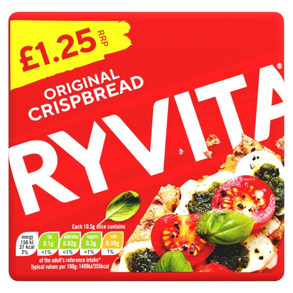 Front of a Ryvita - Original Crispbread - 150g package by Ryvita, featuring a price label, nutrition information, and an image of this high fibre whole grain crispbread topped with cheese, spinach, tomato, and sesame seeds on a red background—ideal for anyone looking for a wholesome snack.