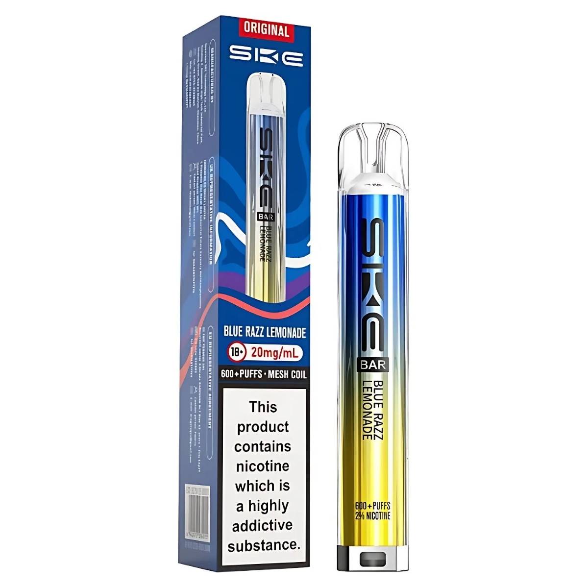 The SKE - Crystal Bar 600 Blue Razz Lemonade Pod Vape Kit (20mg/mL) delivers up to 600 puffs and comes in packaging with nicotine addiction warnings.