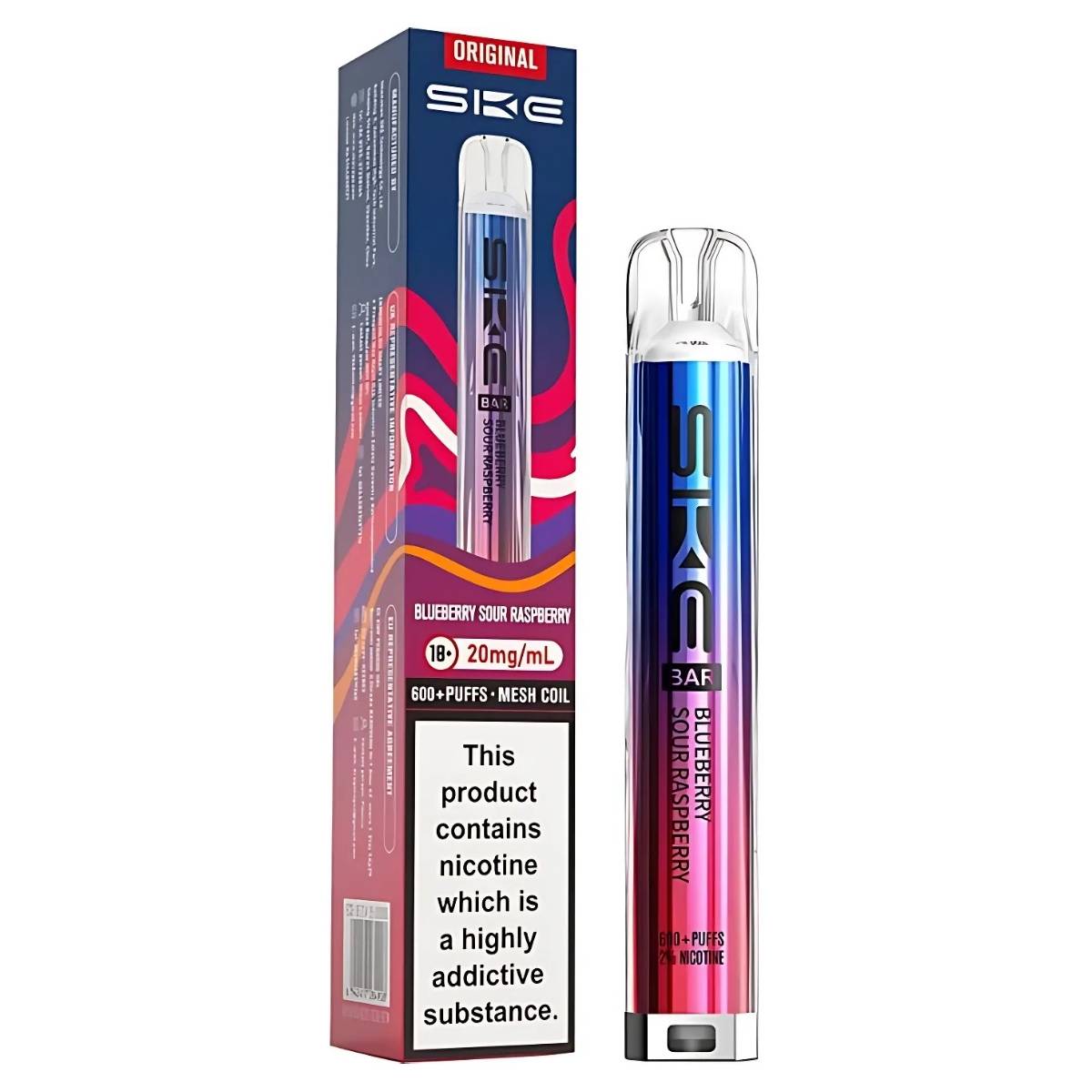 The SKE Crystal Bar 600 Blueberry Sour Raspberry Pod Vape Kit (20mg/mL) is shown with its packaging and nicotine addiction warning. It features convenient USB-C charging for easy use.