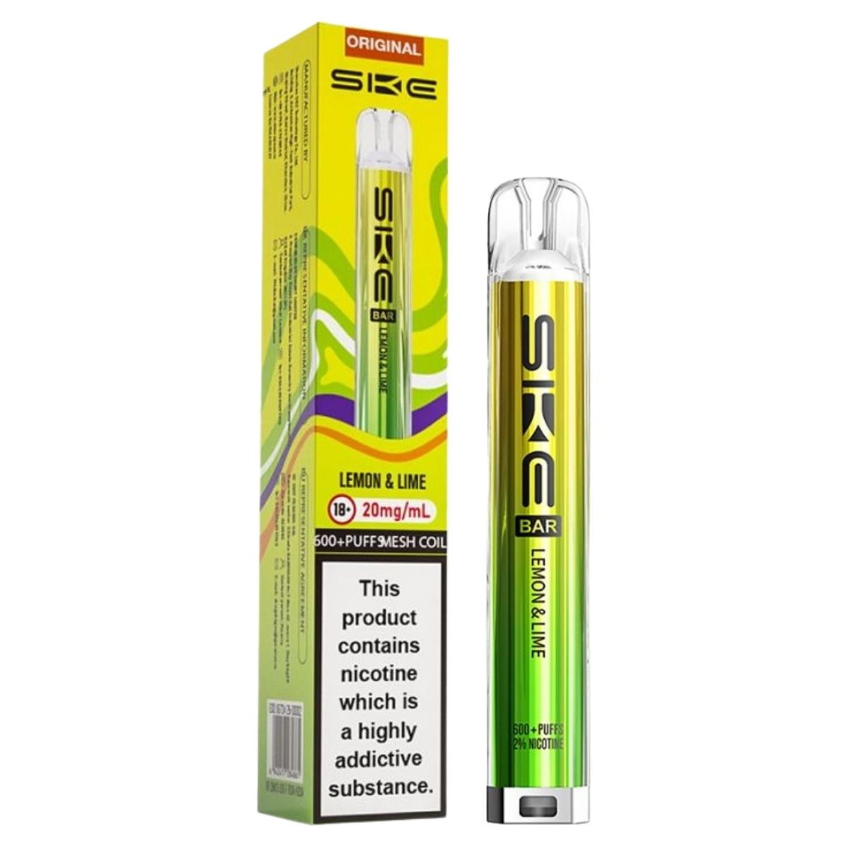 The SKE Crystal Bar 600 Lemon & Lime Pod Vape Kit (20mg/mL) comes in packaging warning it contains a highly addictive substance. Enjoy the refreshing lemon & lime flavor with up to 600 puffs per device.
