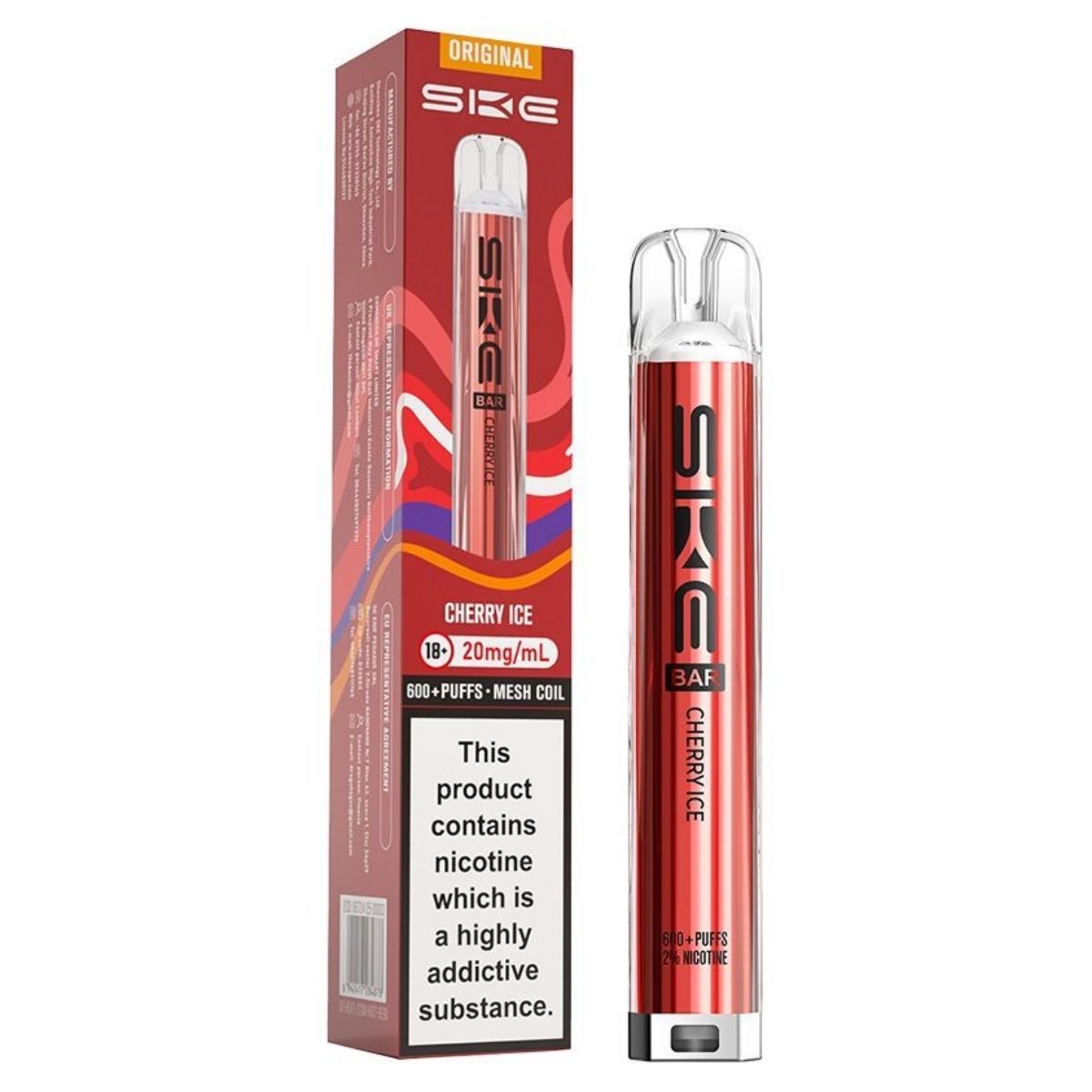 The SKE - Crystal Bar 600 Cherry Ice Pod Vape Kit - 20mg/mL in red comes with packaging, USB-C charging, delivers up to 600 puffs, contains 20mg/mL nicotine, and includes a warning about nicotine addiction.