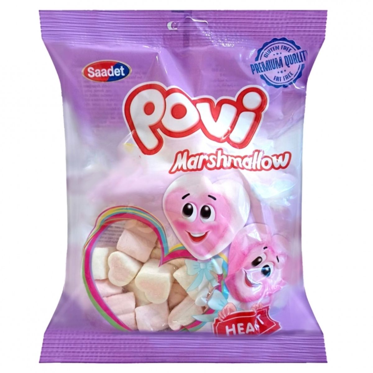 A 140g bag of Saadet Povi Vanilla Marshmallows, featuring a pink heart design on the packaging and marked as gluten-free and premium quality.