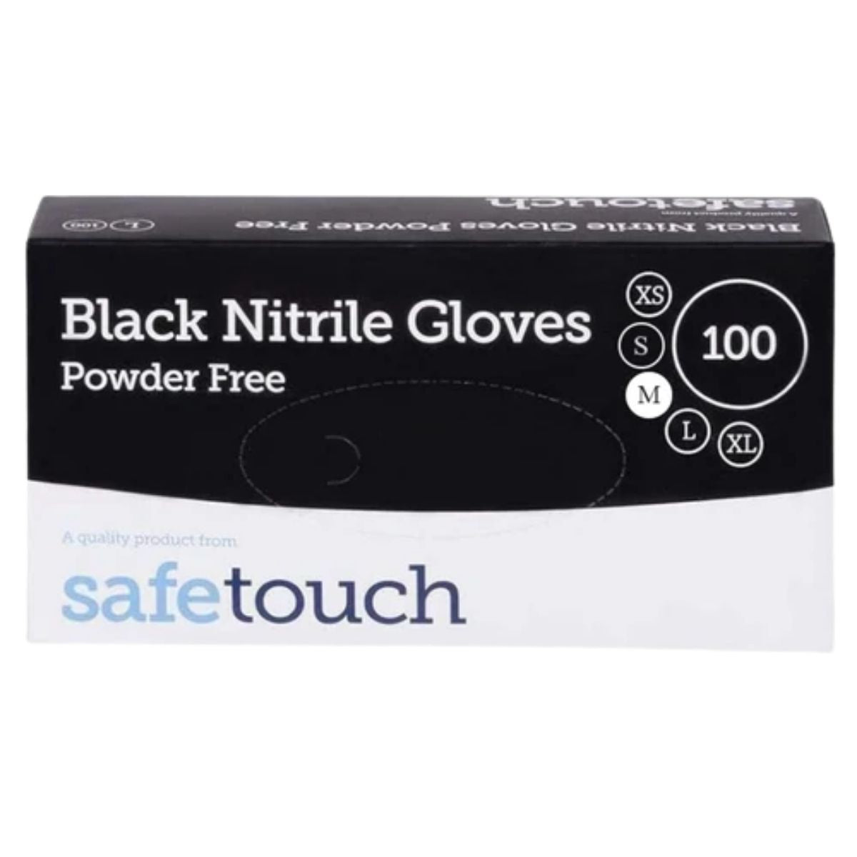 Box of black nitrile gloves by safetouch on a white background