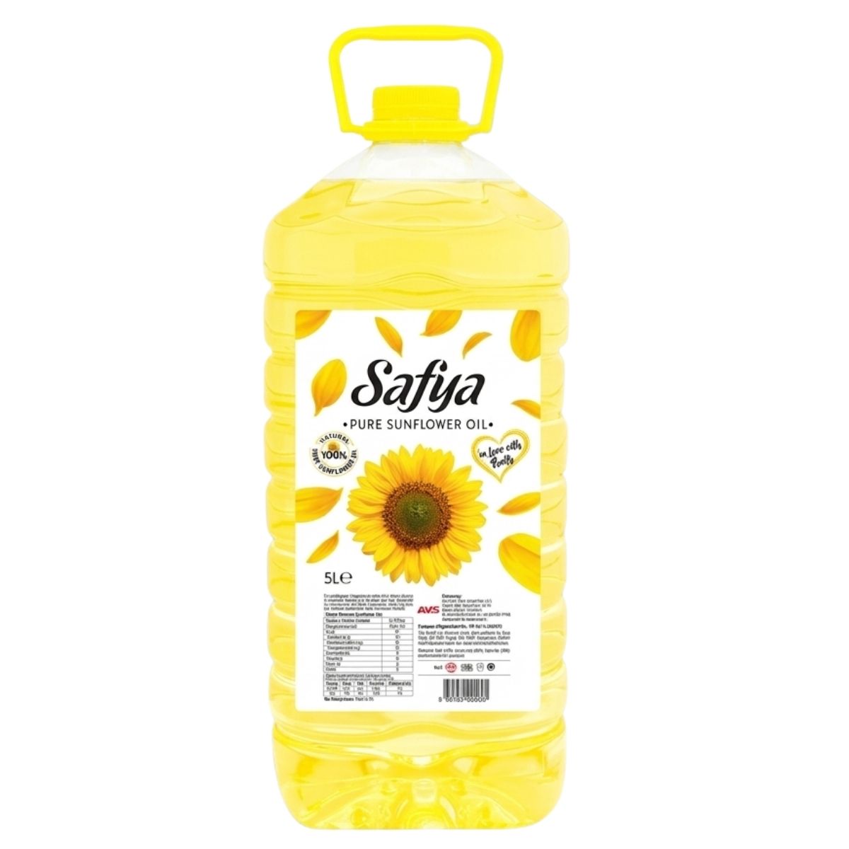 A 5L bottle of Safya Sunflower Oil features a yellow handle, a sunflower image, and nutritional info on the label.