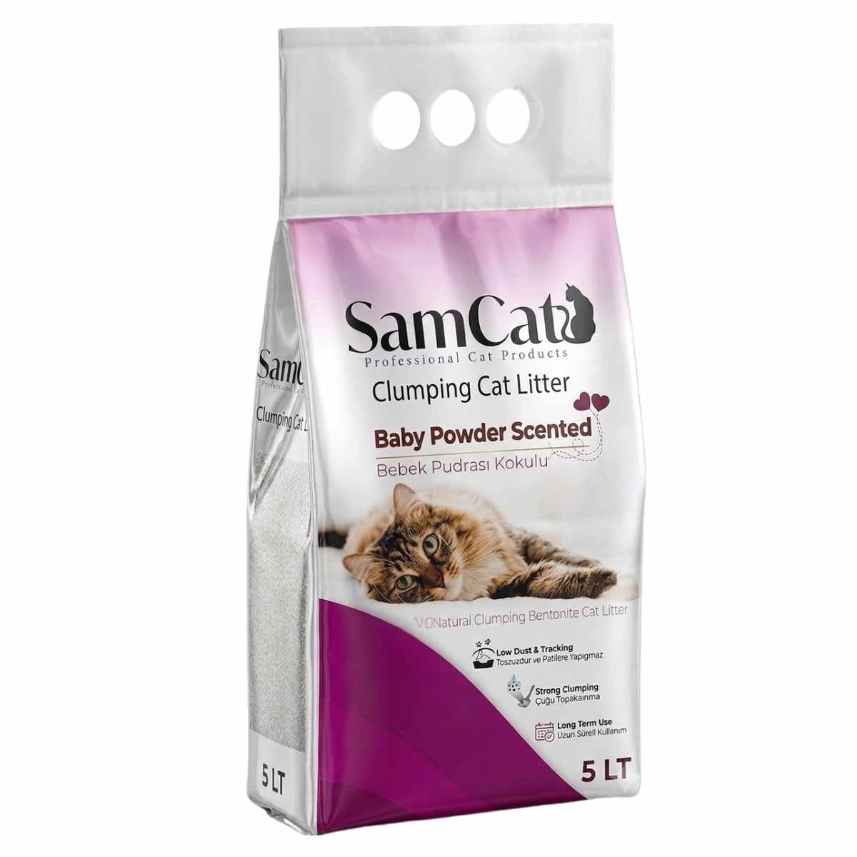 Bag of SamCat clumping cat litter with a cat on the label on a white background