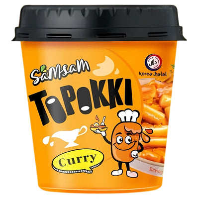 The orange cup of Samsam - Curry Topokki (Mild) 120g features cartoon tteokbokki, a Korea Halal logo, and a curry topokki image—an easy microwave-ready meal for anyone craving mild halal Korean food.