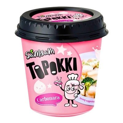 A pink 120g Samsam - Topokki Carbonara Flavoured Rice Cakes container features a cartoon character and food image, perfect for creamy carbonara rice cake fans.