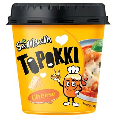 A yellow cup labeled "Samsam - Topokki Cheese Flavoured Rice Cake - 120g" features a chef-hat mascot and cheesy rice cakes, highlighting this instant Korean snack.