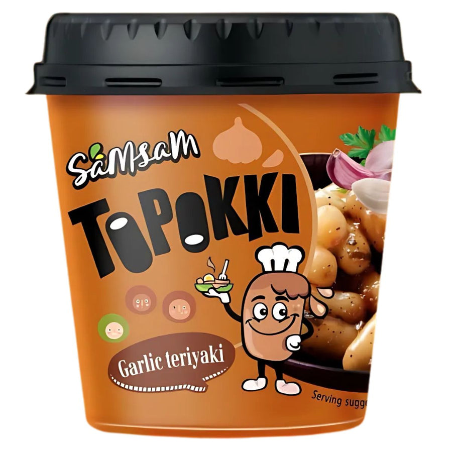 Samsam - Topokki Garlic Teriyaki Flavoured Rice Cake (120g) comes in an orange cup with a cartoon chef and a photo of Korean rice cakes, onions, garlic, and sauce—delivering a flavorful spin on instant rice cake meals.