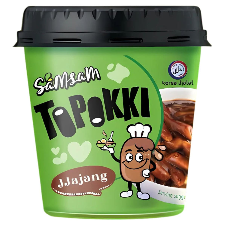 Samsam - Topokki JJajang (Mild) Flavoured Rice Cake 120g features a green cup with a cartoon character holding a fork, Korean rice cake image, Korean text, and "Korea Halal" logo on the packaging.