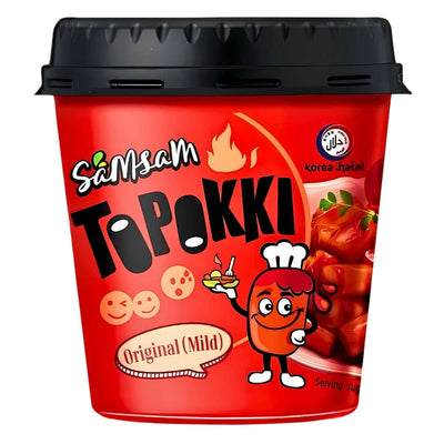 A red cup labeled "Samsam - Topokki Original (Mild) - 120g" by Samsam features a cartoon rice cake, flame graphics, and an image of the mild spicy Korean rice cake dish on its side.
