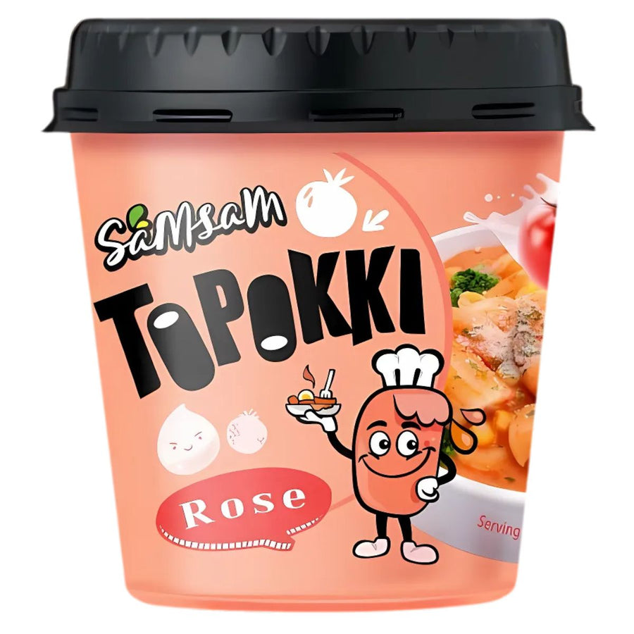 The pink "Samsam - Topokki Rose Spicy Flavoured Rice Cake - 120g" cup features a cartoon holding rice cakes and a tempting rose spicy dish image, offering a fun and tasty Korean snack option.