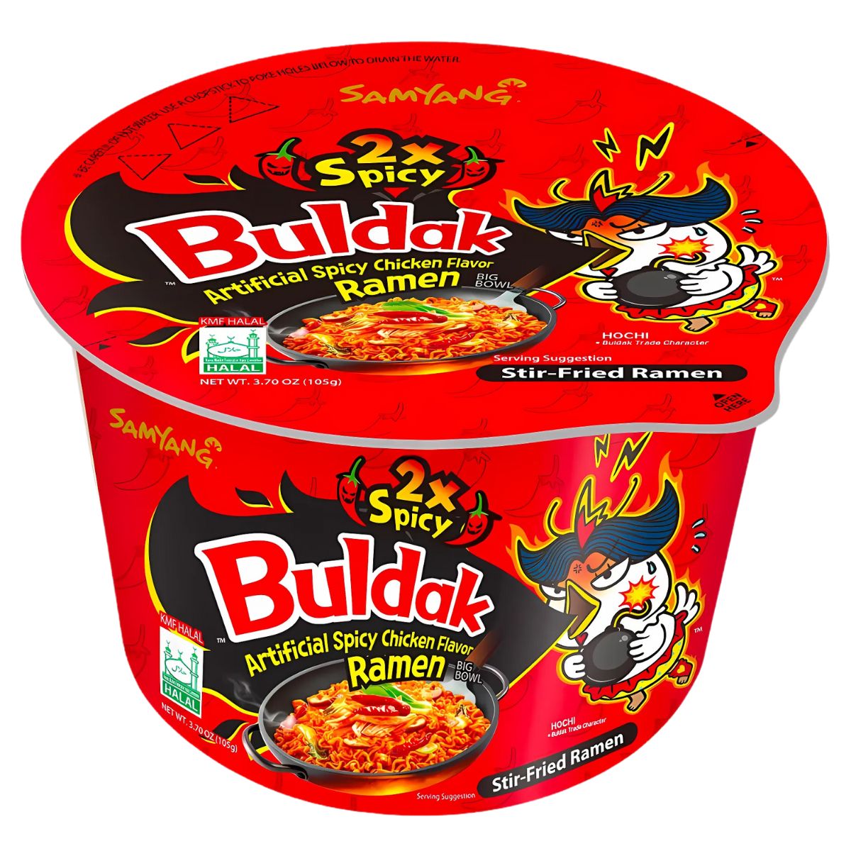 The fiery cartoon character and vibrant red package of the Samyang Buldak (2X Spicy) Hot Chicken Flavour Stir-Fried Ramen Big Bowl, 105g (Halal), highlight its spicy stir-fried ramen experience.