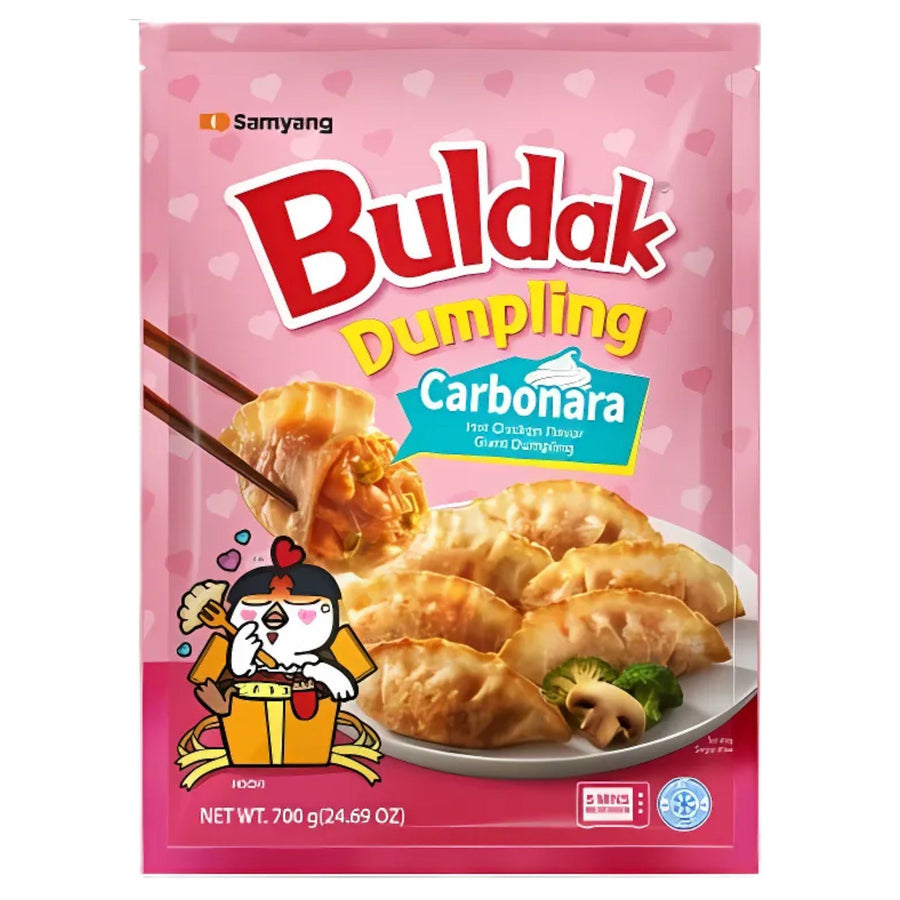 Samyang - Buldak Carbonara Hot Chicken Flavour Dumplings (700g) come in a pink pack featuring dumplings on a plate, chopsticks, and a cartoon chicken mascot. Enjoy these bold, spicy frozen dumplings from Samyang!.