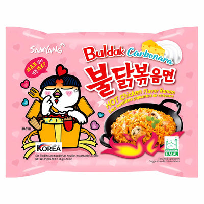 Samyang - Buldak Carbonara Hot Chicken Flavour Ramen Noodles (Halal) 130g in a pink pack with a cartoon chicken, made in Korea—spicy halal Korean noodles ideal for Buldak fans.