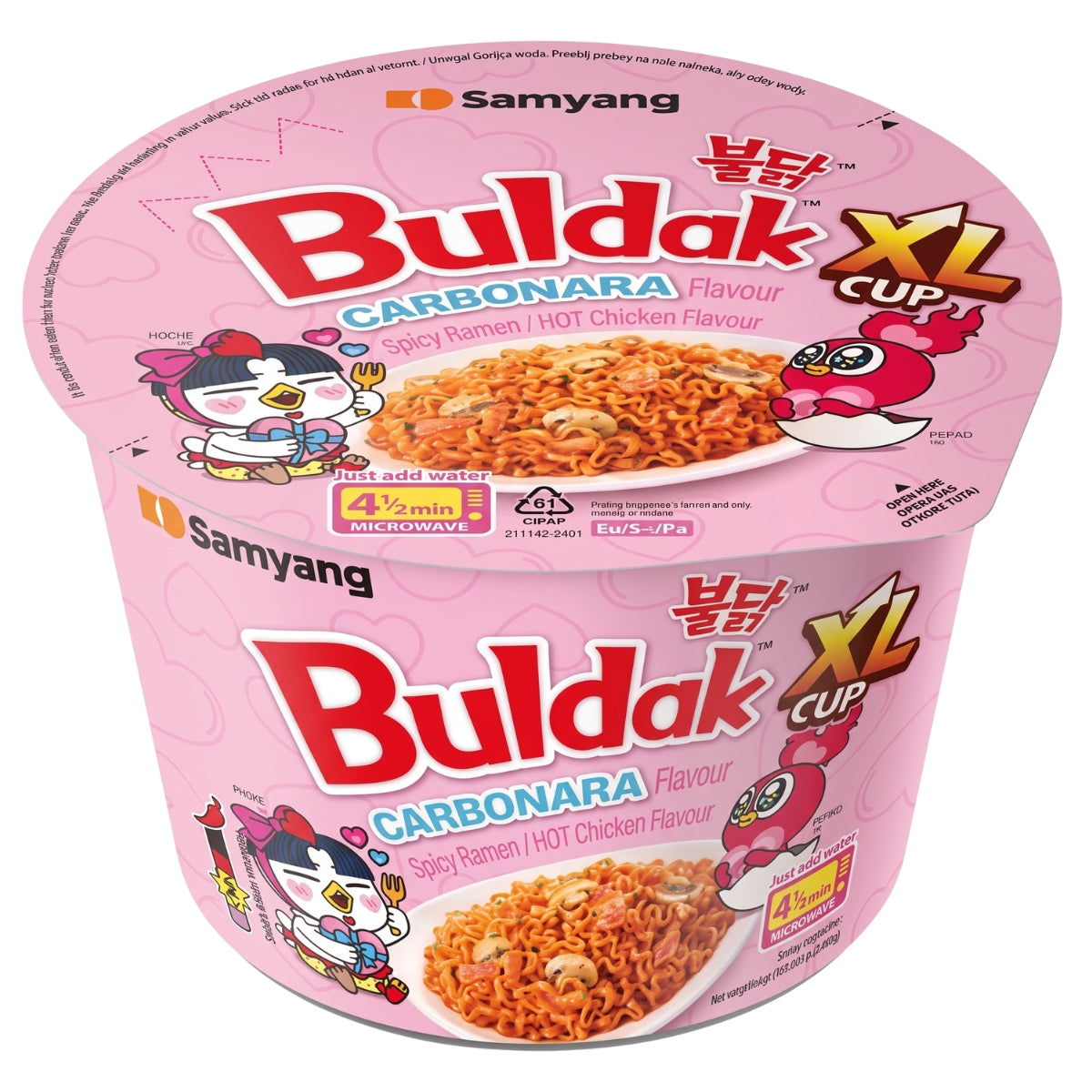 Samyang - Buldak Carbonara Spicy Hot Chicken Flavour XL Cup (125g) instant ramen container, adorned with cartoon chicken illustrations and detailed product information.