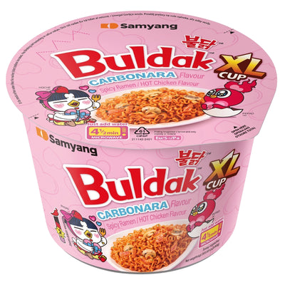 Samyang - Buldak Carbonara Spicy Hot Chicken Flavour XL Cup (125g) instant ramen container, adorned with cartoon chicken illustrations and detailed product information.
