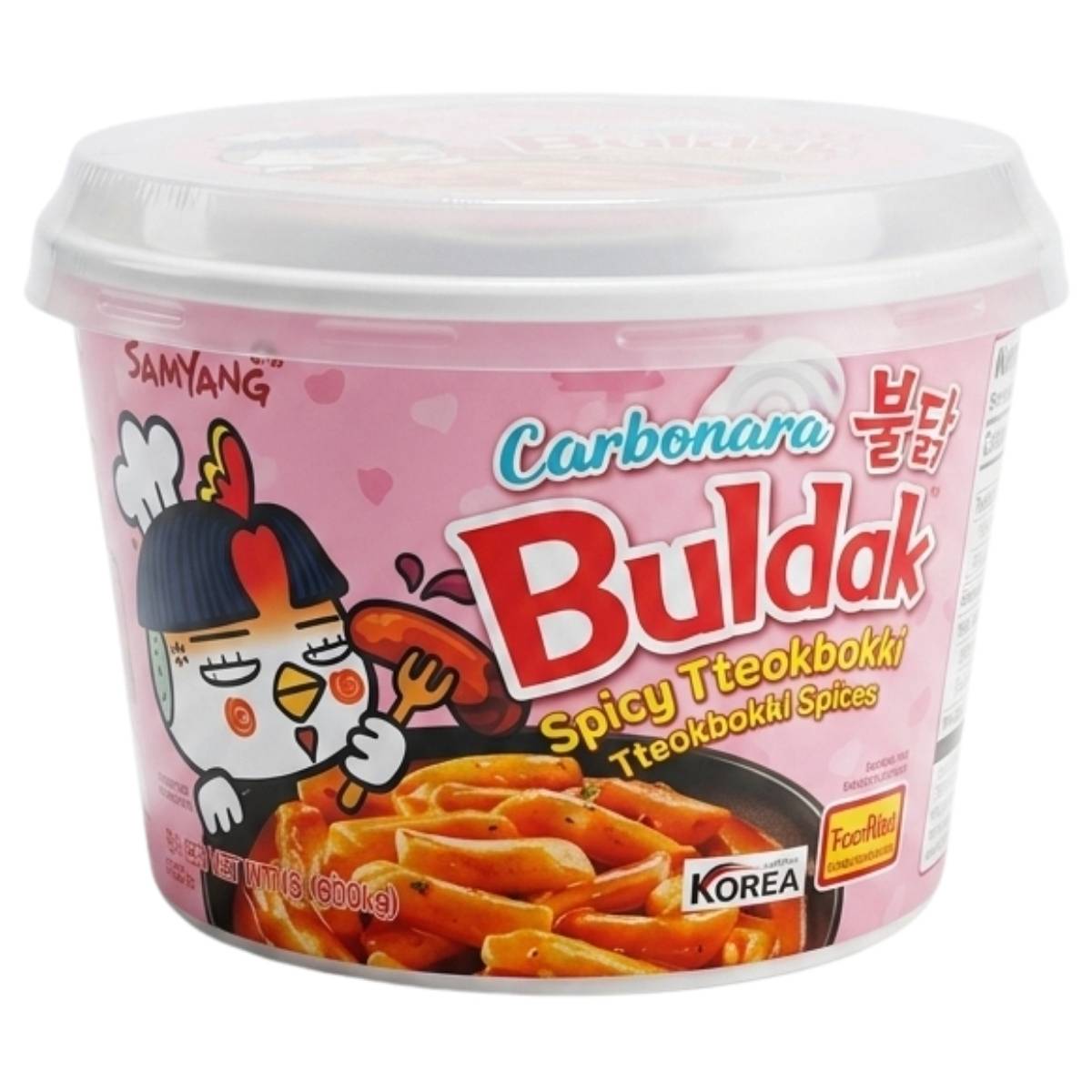 Container of Samyang Carbonara Buldak Spicy Tteokbokki with cartoon  character on pink background