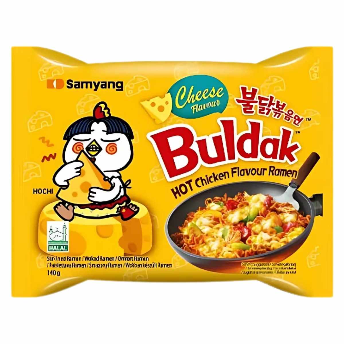 Samyang's 140g Buldak Hot Chicken and Cheese Flavour Ramen (Halal) satisfies spicy cravings with its yellow packet featuring a chicken enjoying creamy cheese noodles.