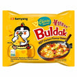 The Samyang - Buldak Hot Chicken And Cheese Flavour Ramen (Halal) 140g package shows a cartoon chicken with cheese next to spicy ramen, emphasizing its bold hot chicken and cheese flavors.