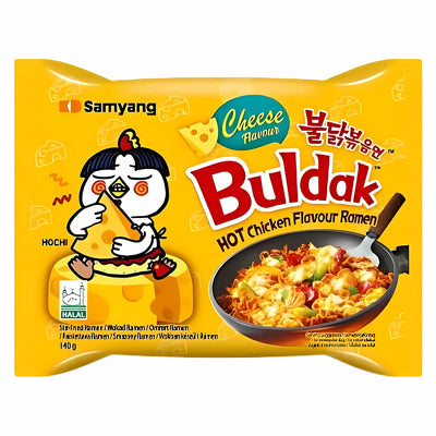 The Samyang - Buldak Hot Chicken And Cheese Flavour Ramen (Halal) 140g package shows a cartoon chicken with cheese next to spicy ramen, emphasizing its bold hot chicken and cheese flavors.