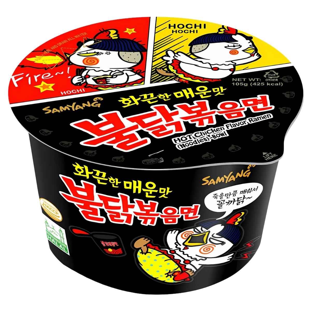 The Samyang Buldak Hot Chicken Flavour Ramen Bowl (Halal) - 105g showcases a cartoon chicken with vibrant Korean text and spicy graphics, capturing the essence of these intensely spicy noodles.