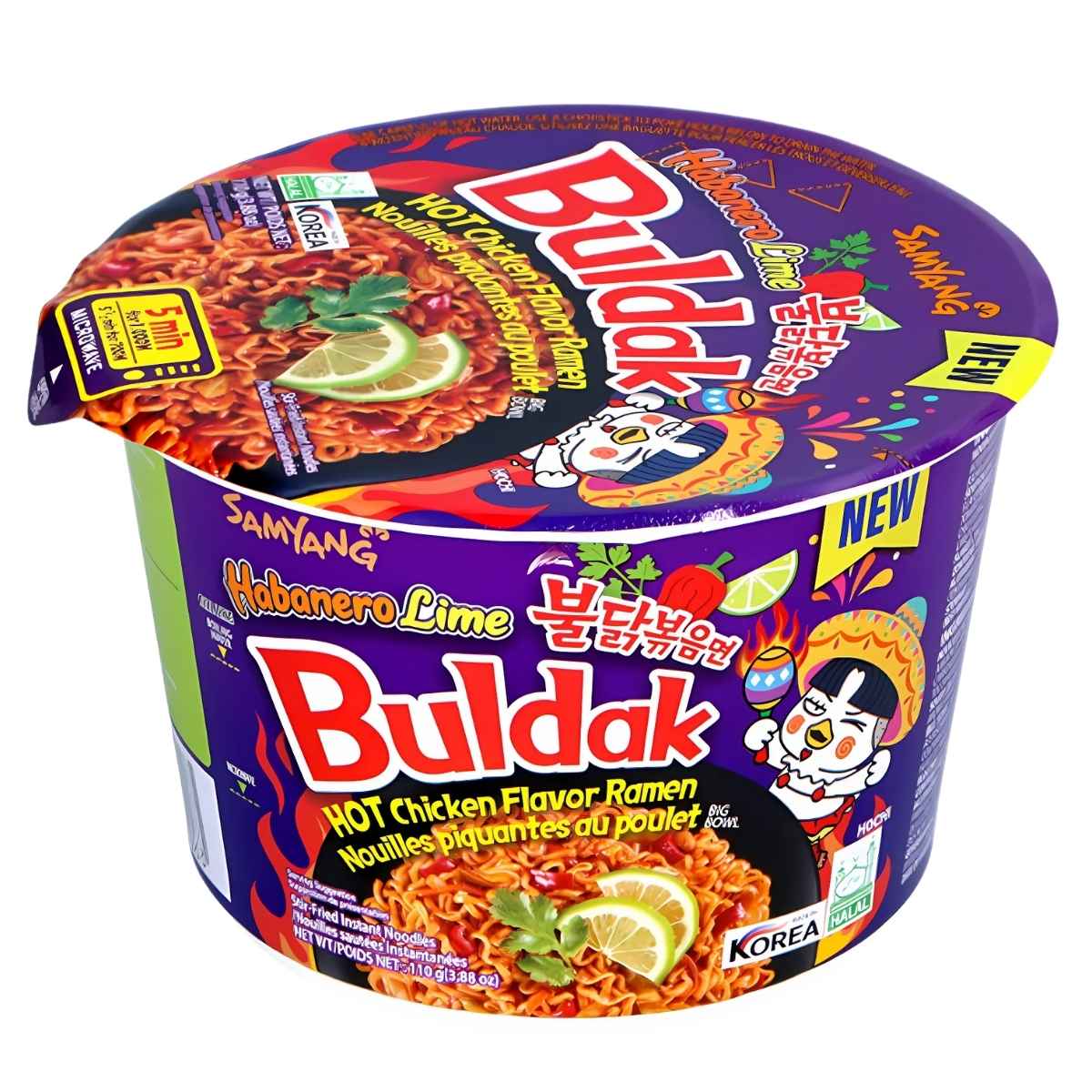 The Samyang Buldak Hot Chicken Flavour Ramen Habanero Lime Big Bowl (Halal) - 110g features vibrant packaging with a quirky cartoon character, zesty lime, and fiery pepper illustrations.