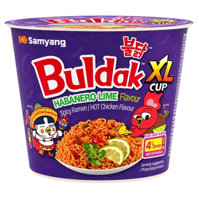 Samyang - Buldak Hot Chicken Flavour Ramen Habanero Lime XL Bowl featuring a purple cup, noodles topped with lime slices, a chicken character in a sombrero, and a red chili character.