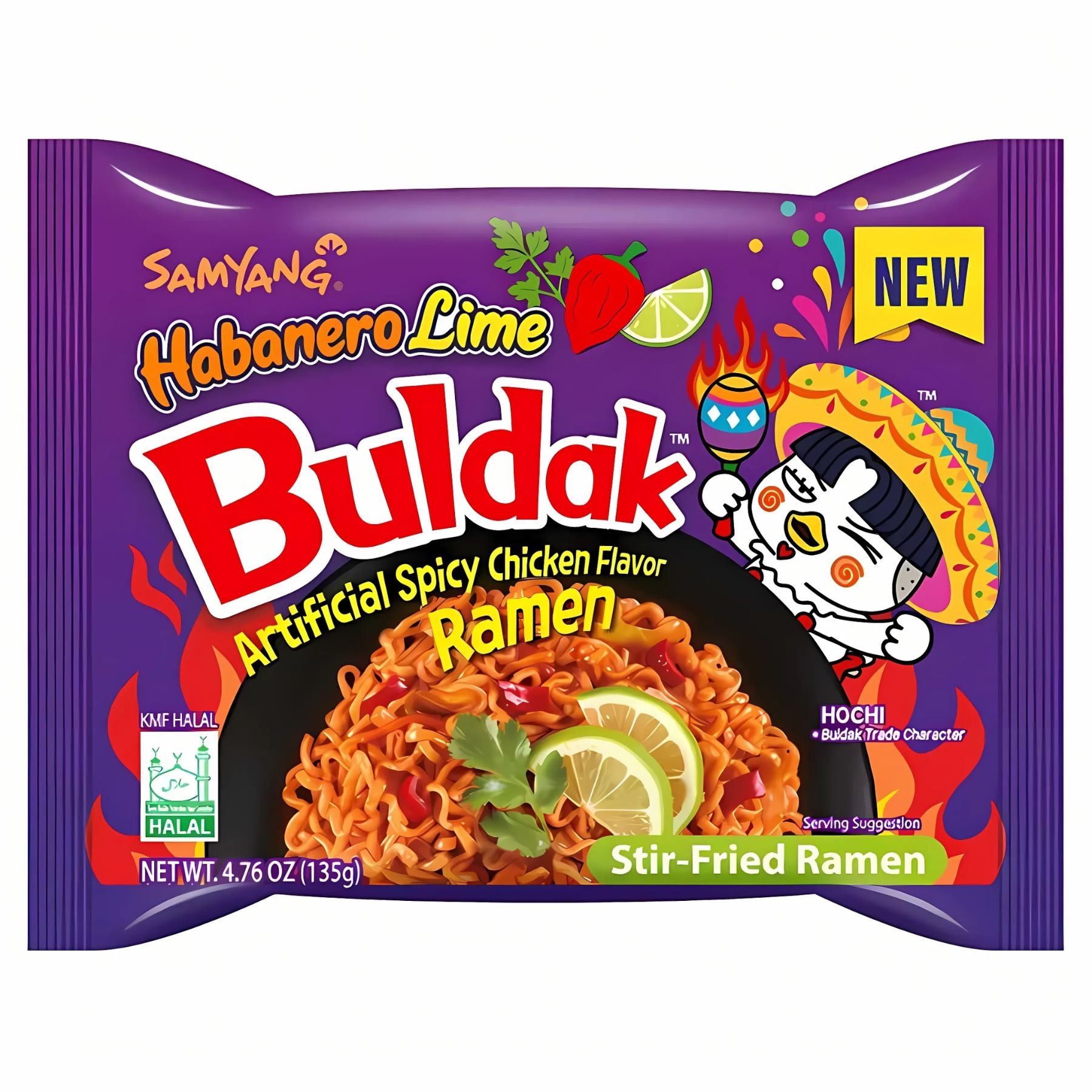 A 135g pack of Samyang - Buldak Hot Chicken Flavour Ramen Habanero Lime (Halal), featuring a cartoon in a sombrero with vibrant limes and peppers—ideal for fans of spicy Samyang noodles!.