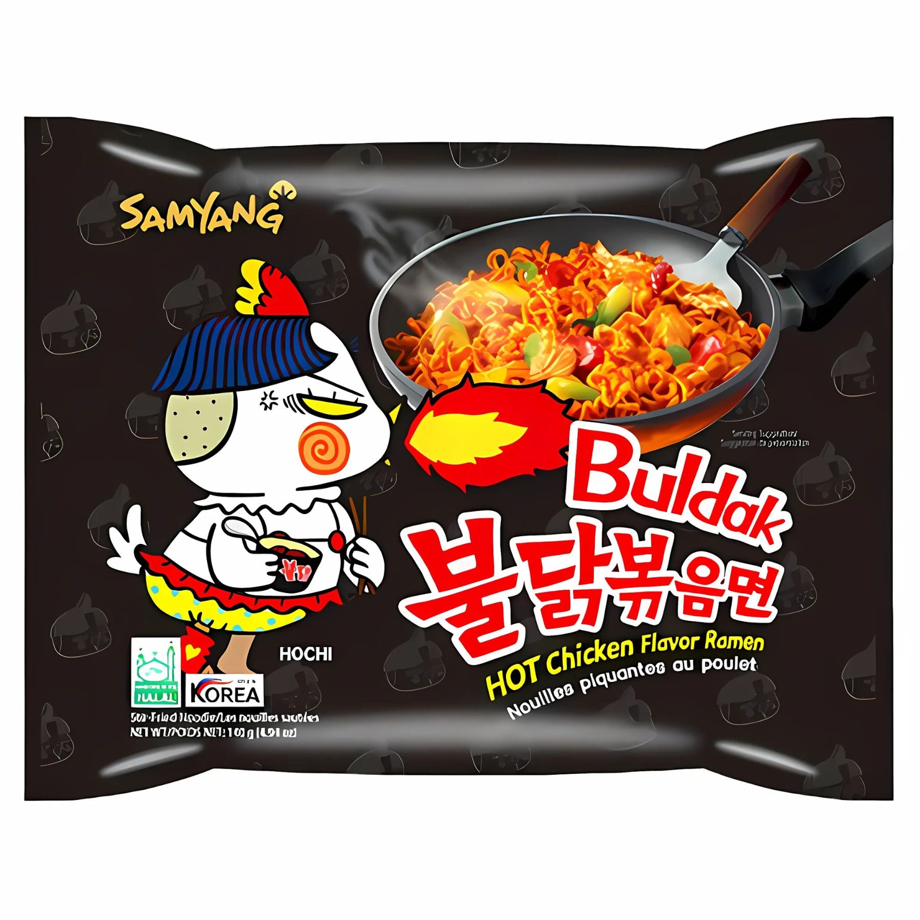 The Samyang - Buldak Hot Chicken Flavour Ramen Noodles (Halal) 140g package showcases a cartoon chicken mascot, spicy noodle imagery, and clear English-Korean labeling.