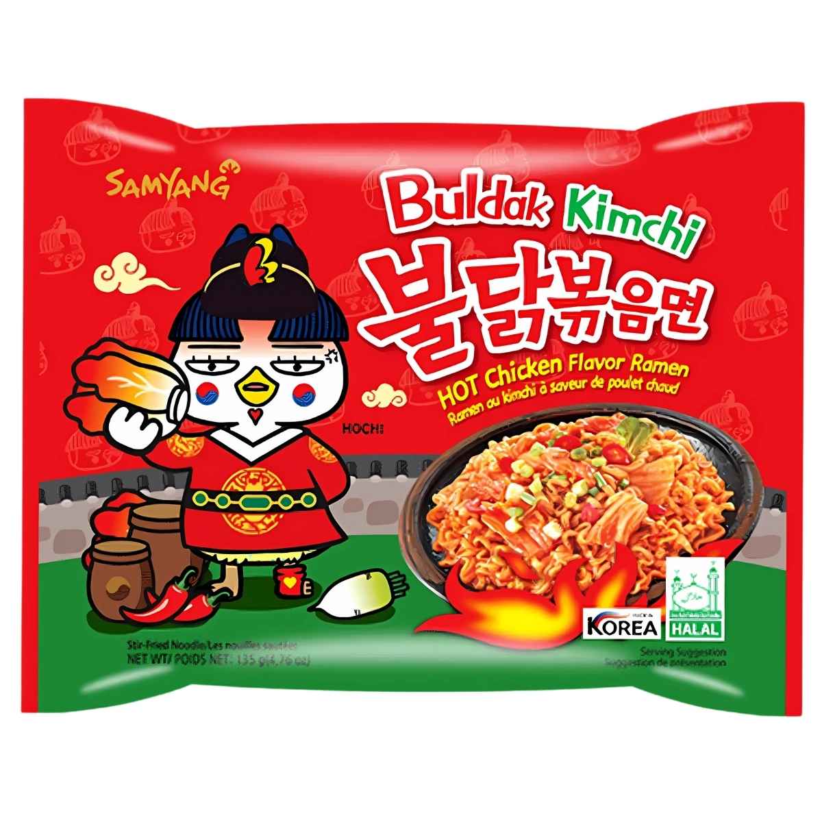 Package of Samyang - Buldak Hot Chicken Flavour Kimchi Ramen (Halal) - 135g, showcasing a cartoon character holding a bowl of spicy ramen with enthusiasm.