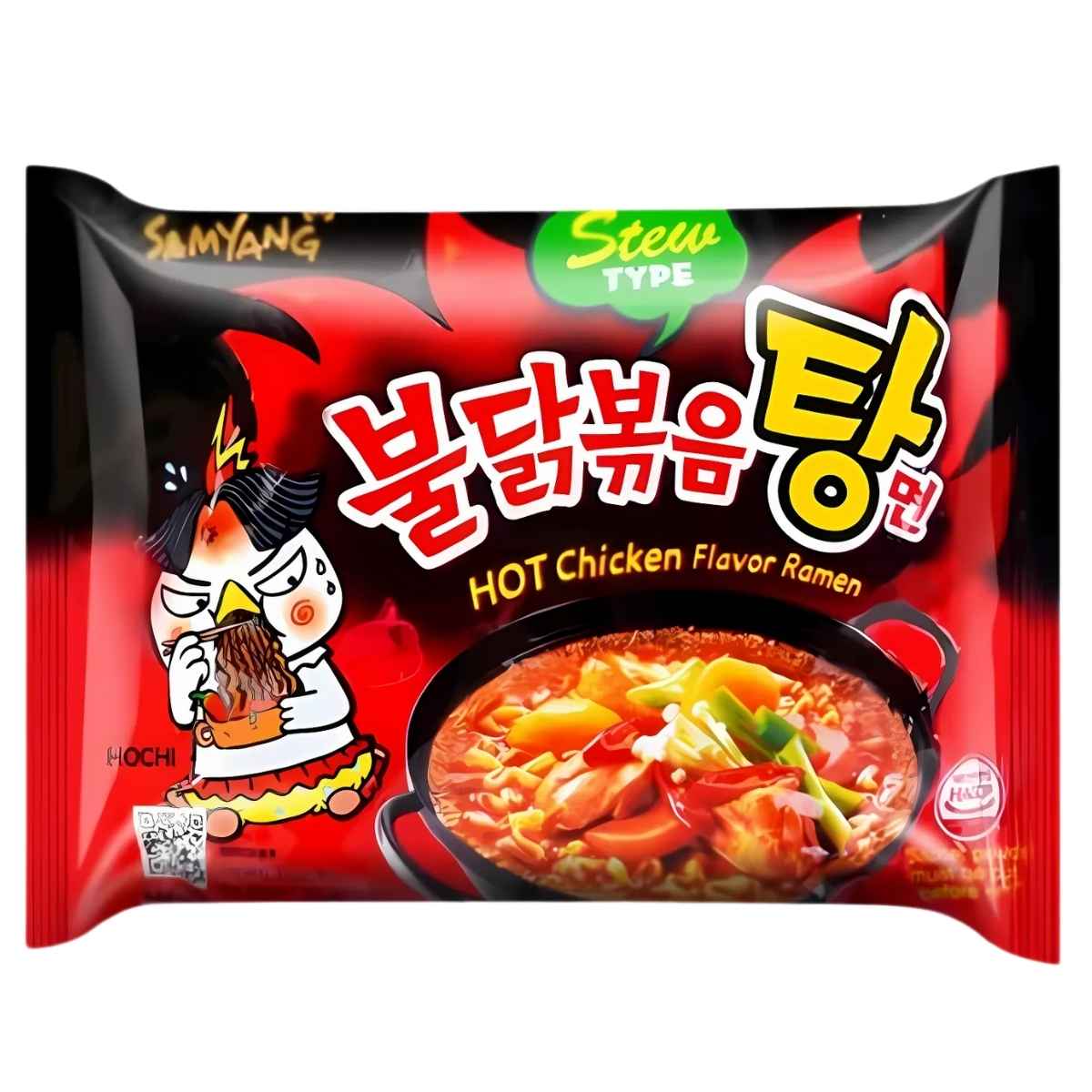 The packaging of Samyang - Buldak Stew Type Hot Chicken Flavour Ramen (Halal) - 145g showcases a character relishing spicy noodles, with a vegetable-topped ramen bowl set against a vibrant red background, enticing spice enthusiasts.