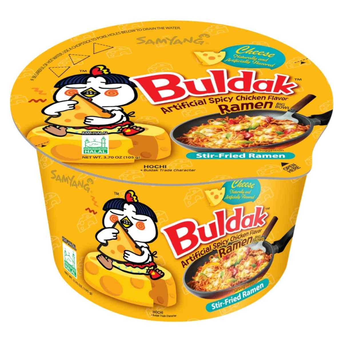 The Samyang Buldak Hot Chicken & Cheese Flavour Ramen in a yellow pack, adorned with cartoon chicken and cheese graphics, promises a fiery, cheesy taste experience in every 105g serving.