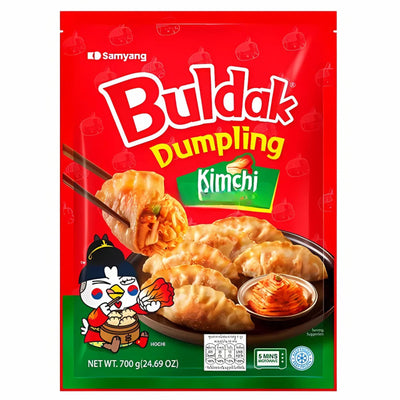 Red package of Samyang - Buldak Kimchi Hot Chicken Flavour Dumplings (700g) showing an illustrated chicken, spicy chicken dumplings with kimchi filling, and product info in English and Korean. Brand: Samyang.