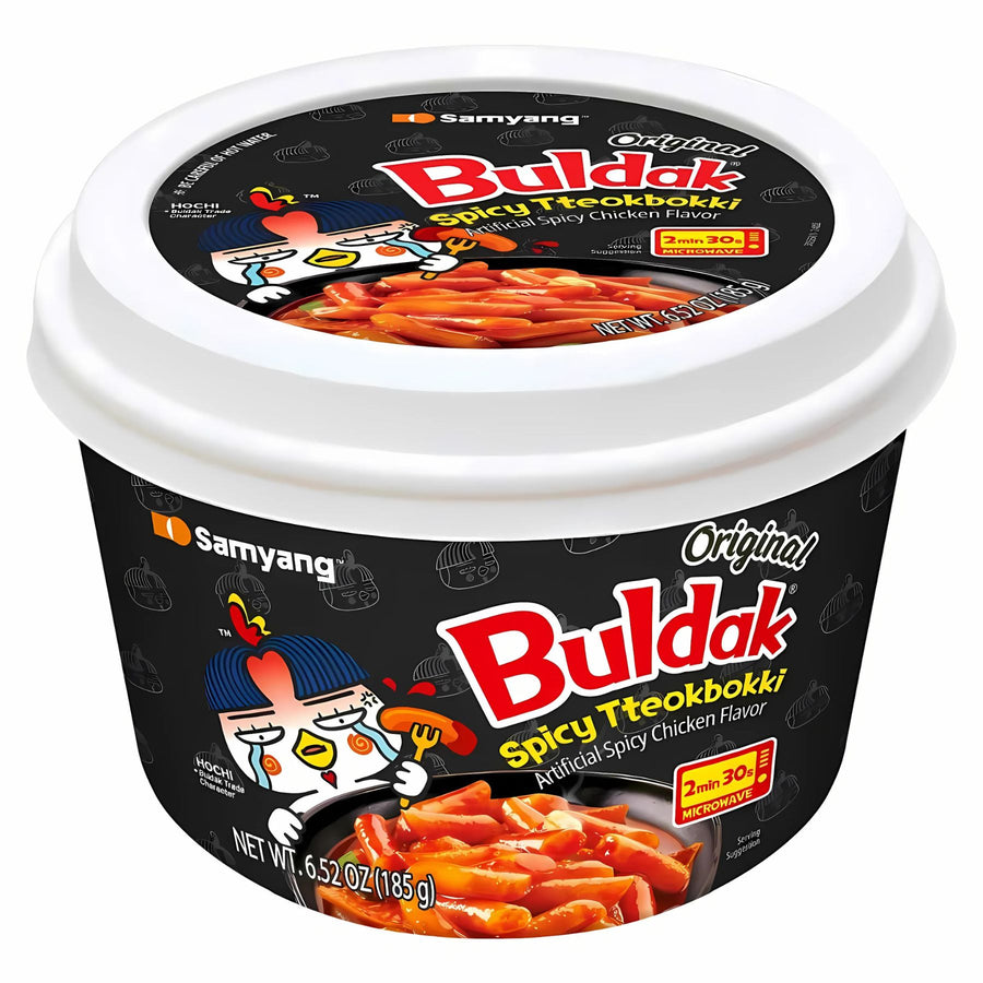 A 185g container of Samyang Buldak Original Spicy Tteokbokki, featuring Korean spicy rice cakes and a cartoon chicken on the packaging—ideal for fans of authentic spicy snacks.