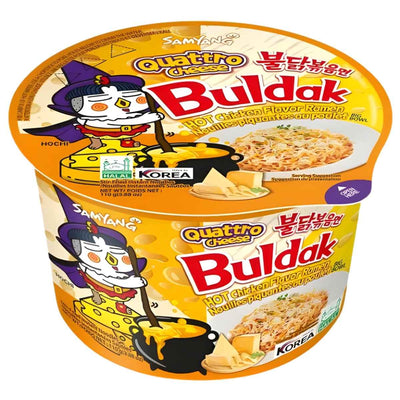 The Samyang Buldak Quattro Cheese Hot Chicken Flavour Ramen 110g container showcases the brand’s cartoon chicken mascot, cheese graphics, and Korean text—ideal for spice and cheese noodle enthusiasts.
