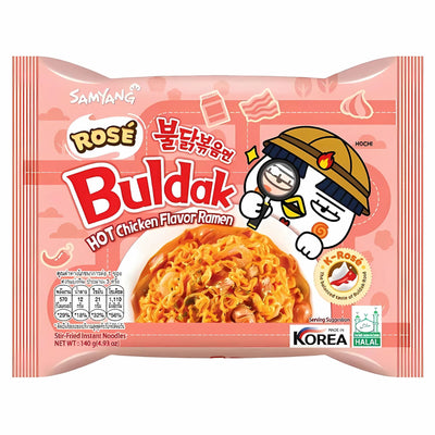 Front of a Samyang - Buldak Rose (Carbonara Style) Hot Chicken Flavour Ramen 140g package, with a cartoon character and product info on a pink background, highlighting the spicy carbonara-style chicken noodles.