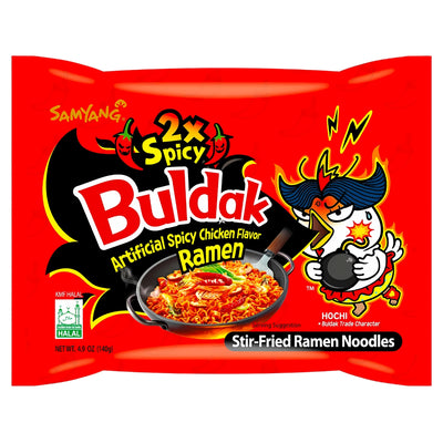 A red package of Samyang - Buldak Extreme Hot Chicken Flavour Ramen Noodles (Halal)- 140g, boasting Korean spices and 2x Spicy Artificial Chicken Flavor. The packaging features a cartoon chicken and displays a 4.94 oz weight, promising an Extreme Hot Chicken experience.