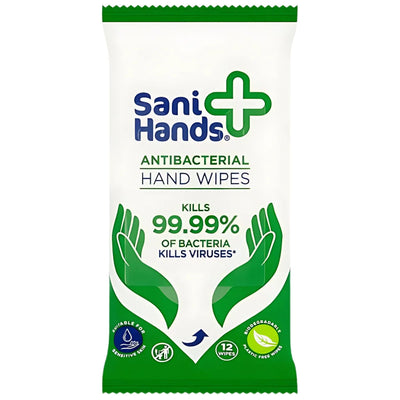 Front of Sani Hands - Antibacterial Hand Wipes - 12 Pack by Sani Hands, featuring green and white packaging, kills bacteria and viruses, biodegradable wipes—an easy cleansing alternative to soap and water.