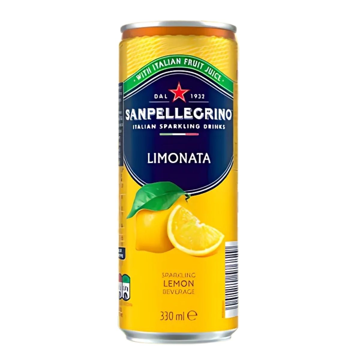 Sanpellegrino Italian Sparkling Lemon Drink, 330ml, features a yellow label with lemon images and delivers refreshing zest and natural lemon essence in every sip.